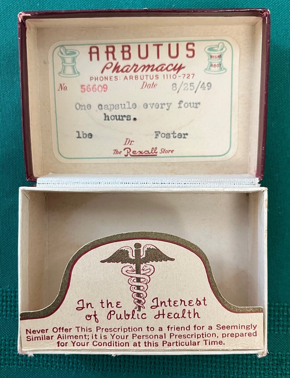Vintage 1949 Prescription Medicine Box Arbutus Pharmacy Drug Store Maryland