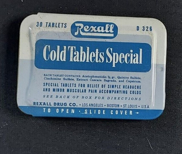 Old EMPTY Advertising Medicine Tin Rexall Cold Tablets Special Rexall Drug Co