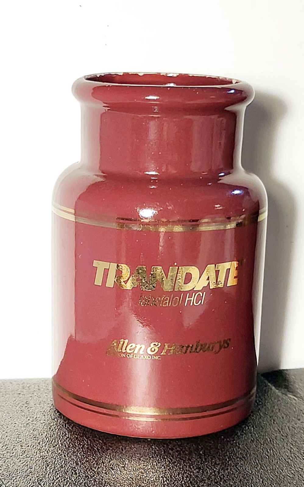 Vintage Pharmaceutical Advertisement Container “TRANDATE” – Glaxo- Burgundy Gold