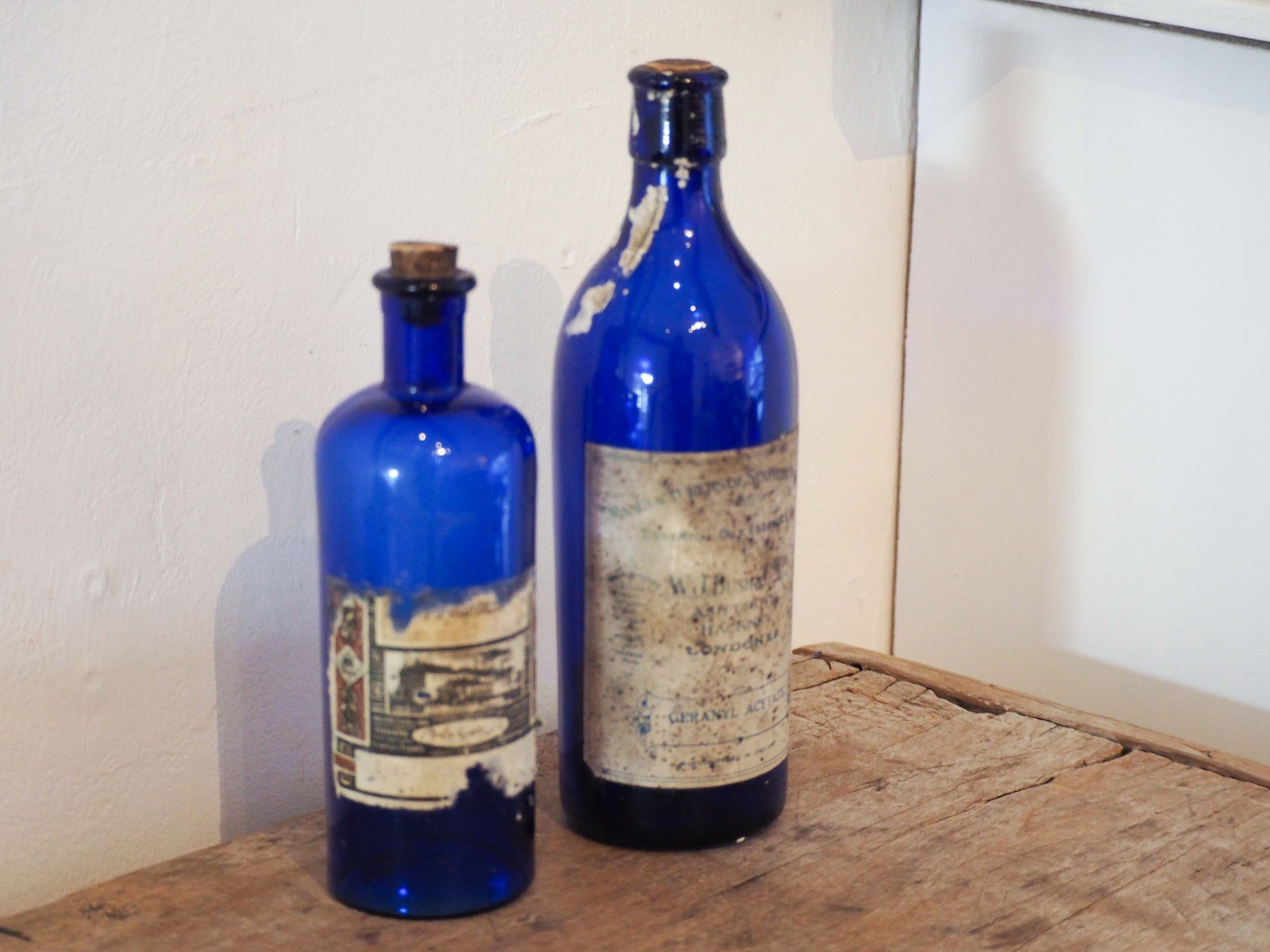 Antique Victorian Blue Bottle with Stopper and Original Label -Sold Individually