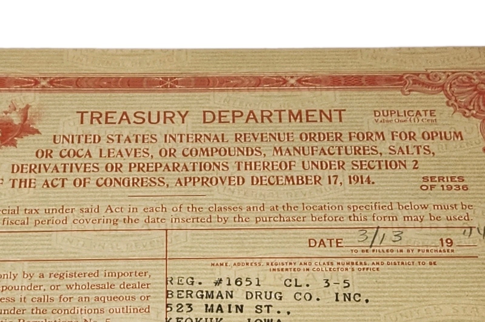 Vintage 1944 U.S. Treasury Narcotics Order Form Opium Coca Leaves Duplicate