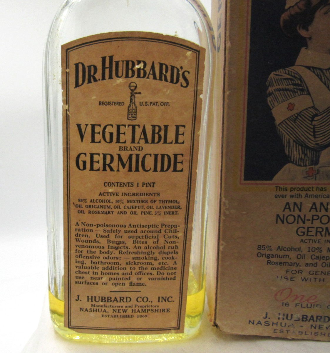 1940’s Dr Hubbard’s Vegetable Germicide Nashua NH 8 1/4″ Medicine bottle & Box