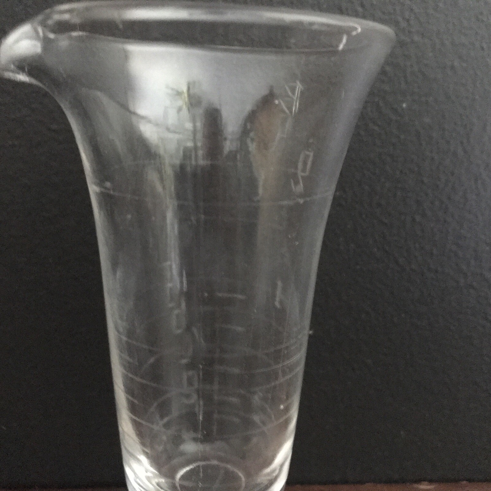 1940’s Mortar Pestle Clear Glass Beaker Apothecary Etched Footed Spout Mixology