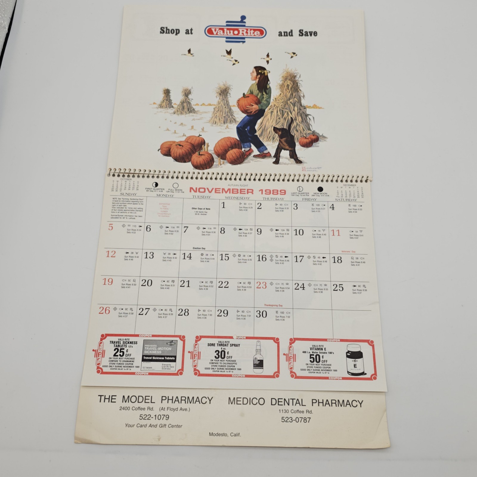 VTG 1989 Valu•Rite Calendar MODESTO, CA The Model Pharmacy Medico Dental COUPONS