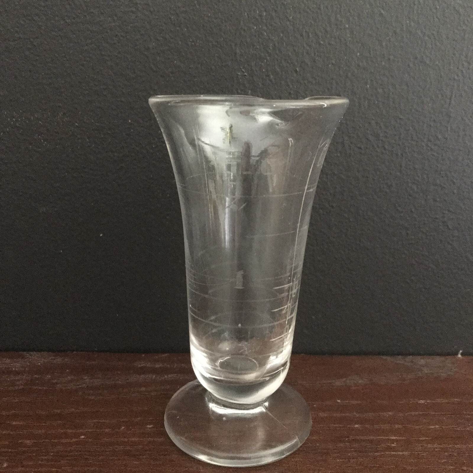 1940’s Mortar Pestle Clear Glass Beaker Apothecary Etched Footed Spout Mixology