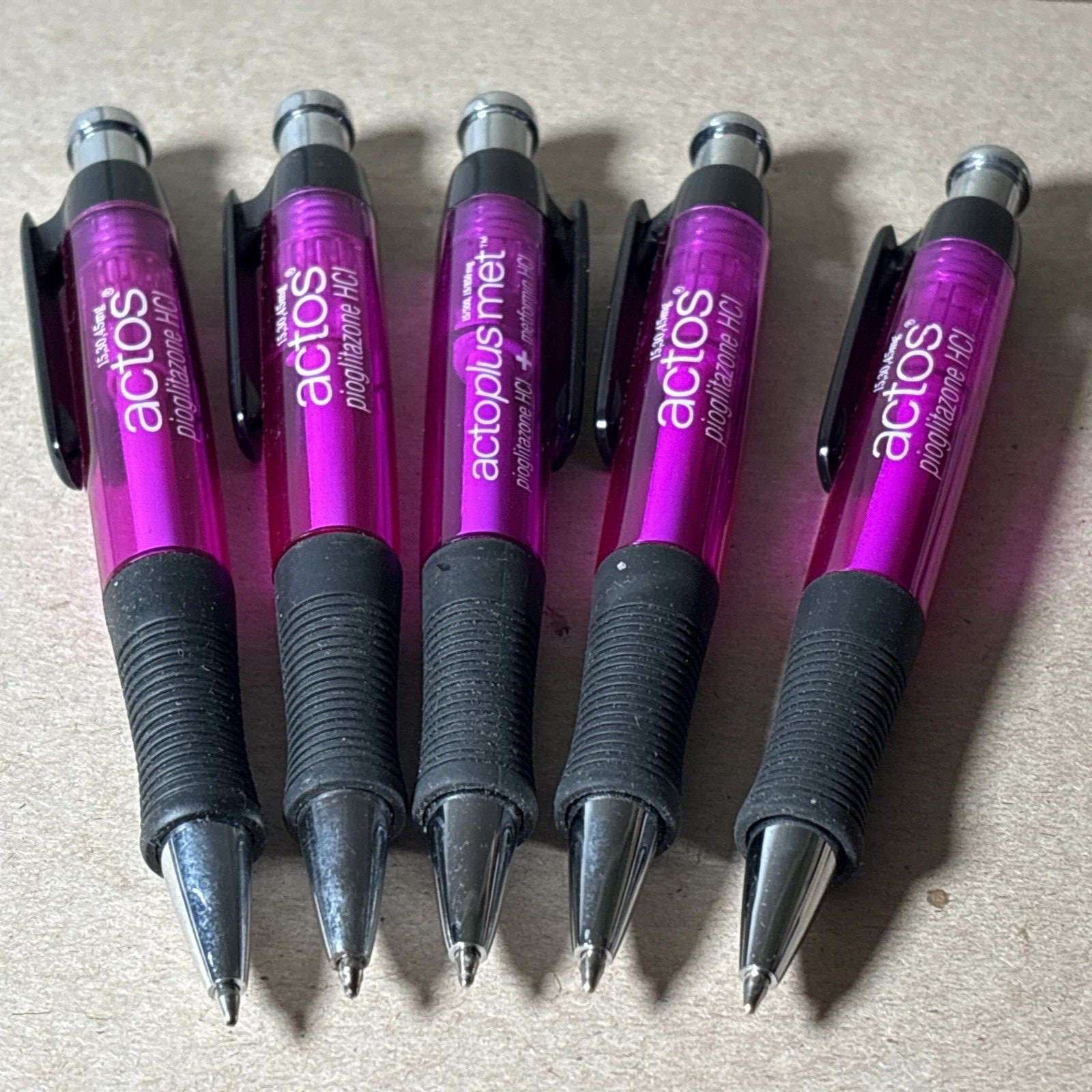 Lot of 5 ACTOS ACTOPLUS MET FAMILY Drug Rep Pharma Pen Purple Black Rubber Grip