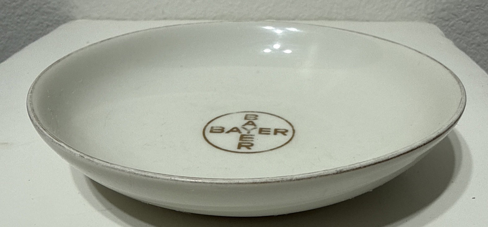 Vtg Bayer Haus Pharmacy Advertisement Promo Porcelain Dish Gold Cross Logo 1952