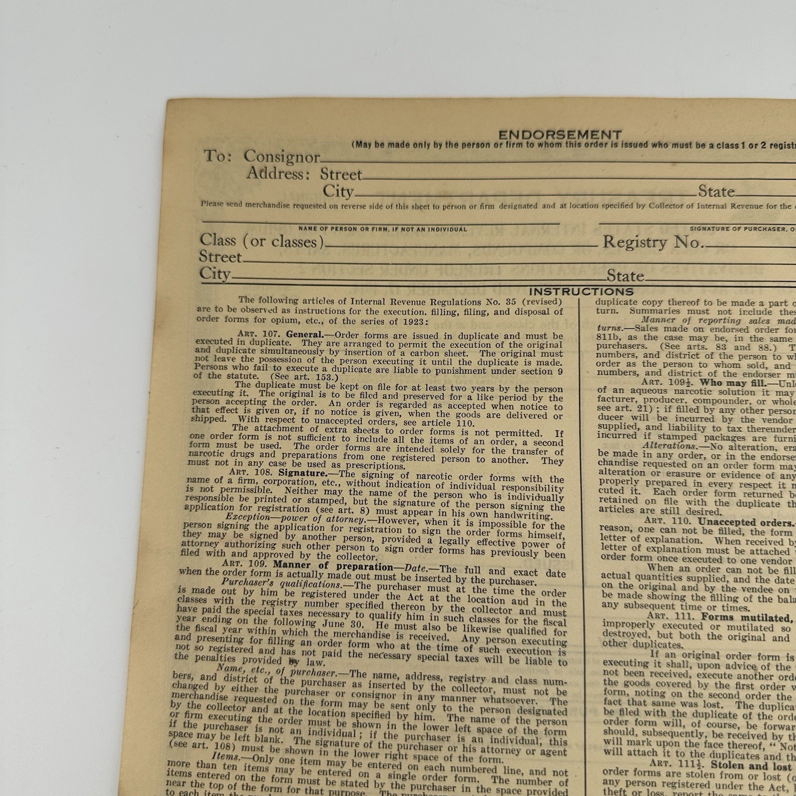 Vintage 1926 Treasury Department Opium Coca Leaves Order Form Philadelphia PA