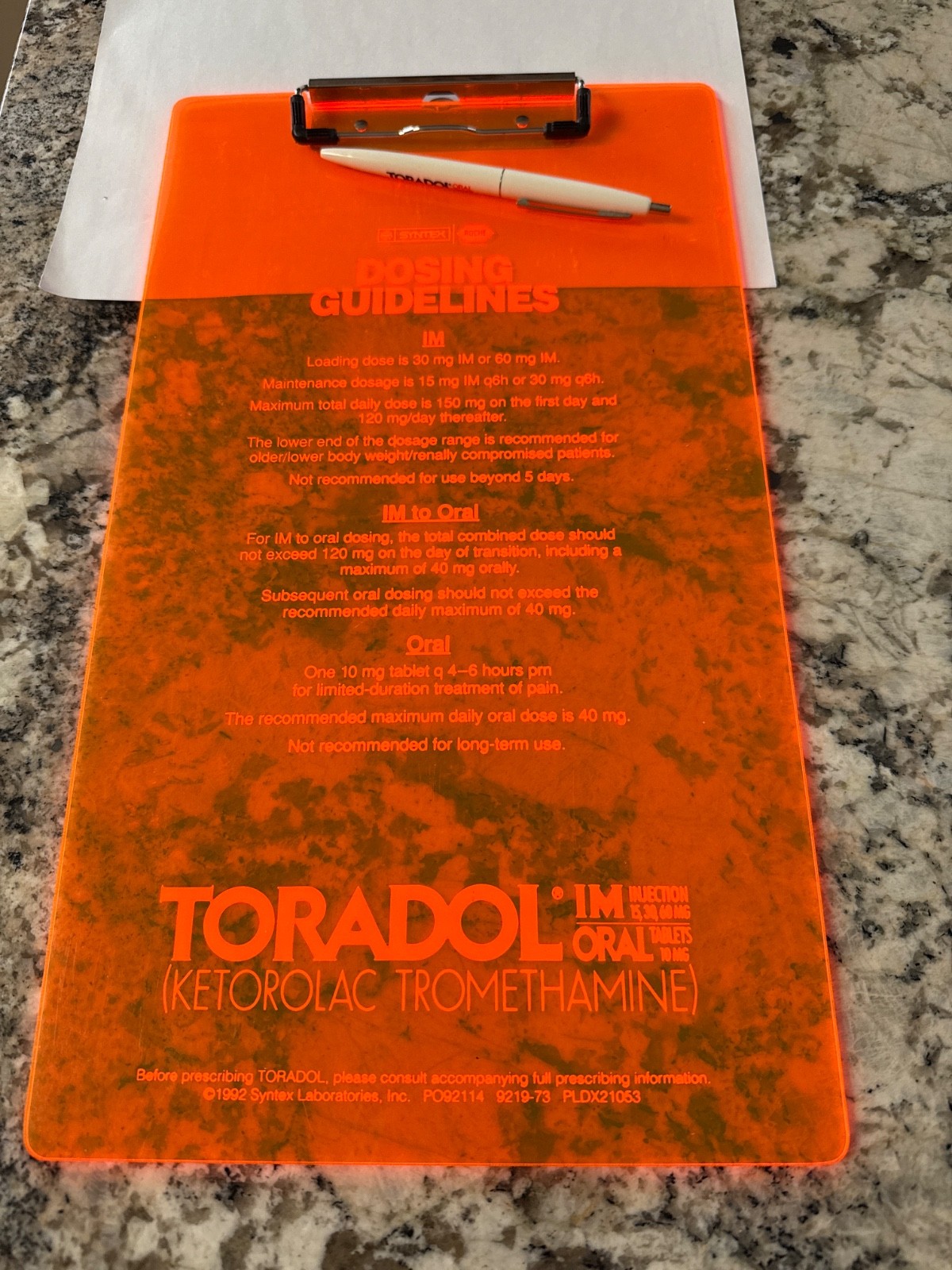 TORADOL Clipboard w/Bic Pen-Never Used-Pharmaceutical Drug Rep Promo Neon Orange