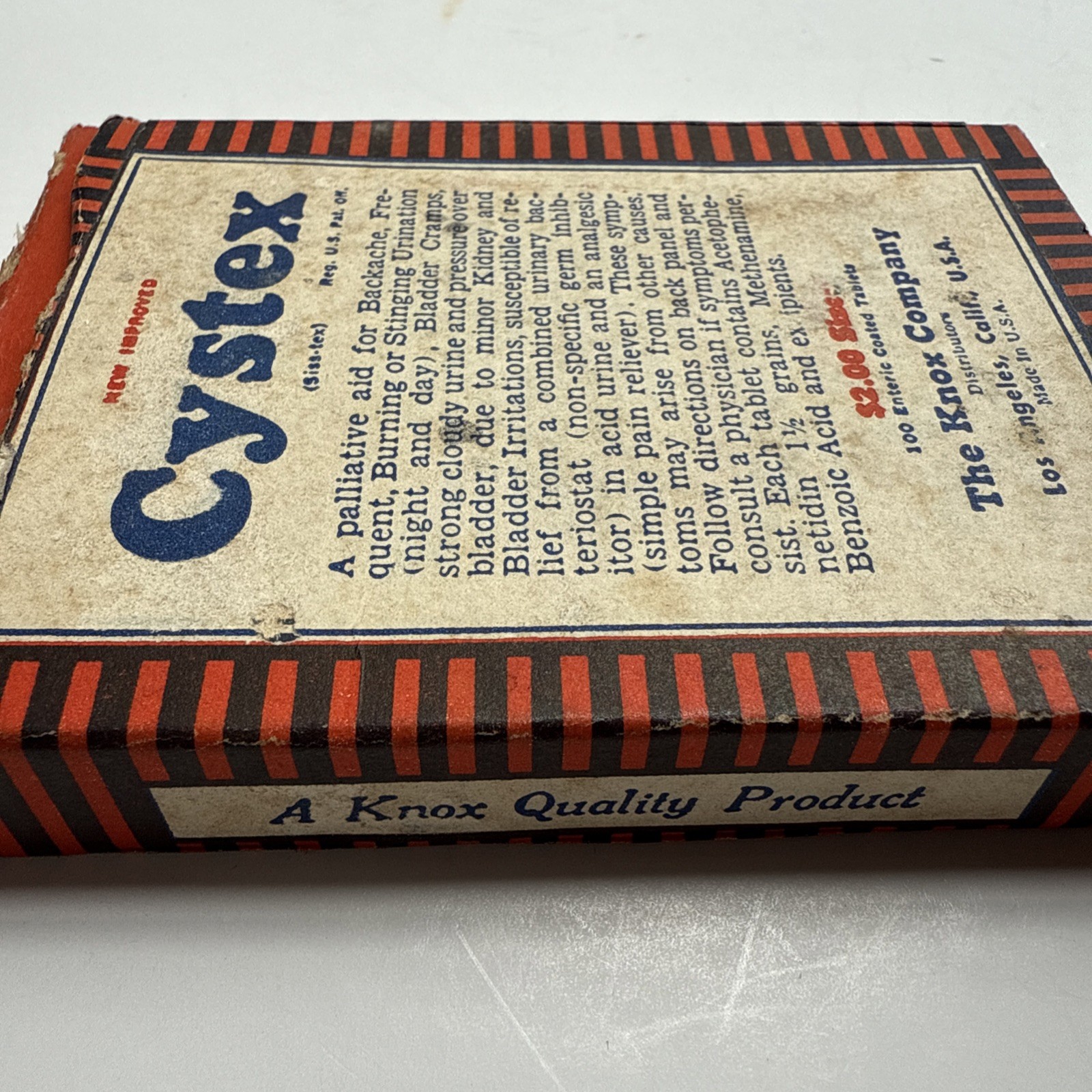Vintage Cystex Pharmaceutical Pills Box Knox Co. CA $2 size 100 tablets – empty