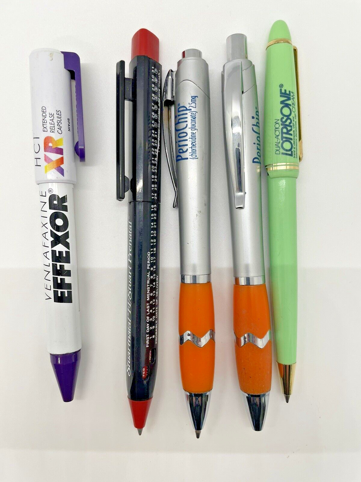 5 Pharma advertising ballpoint pens: Effexor StuartNatal 1+1 PerioChip Lotrisone