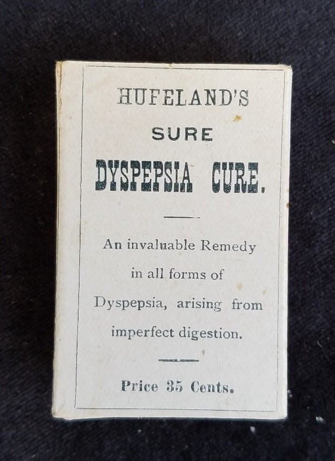 Old AD Medicine Box Hufeland’s Sure Dyspepsia Cure Graeber & Potter Meriden CT