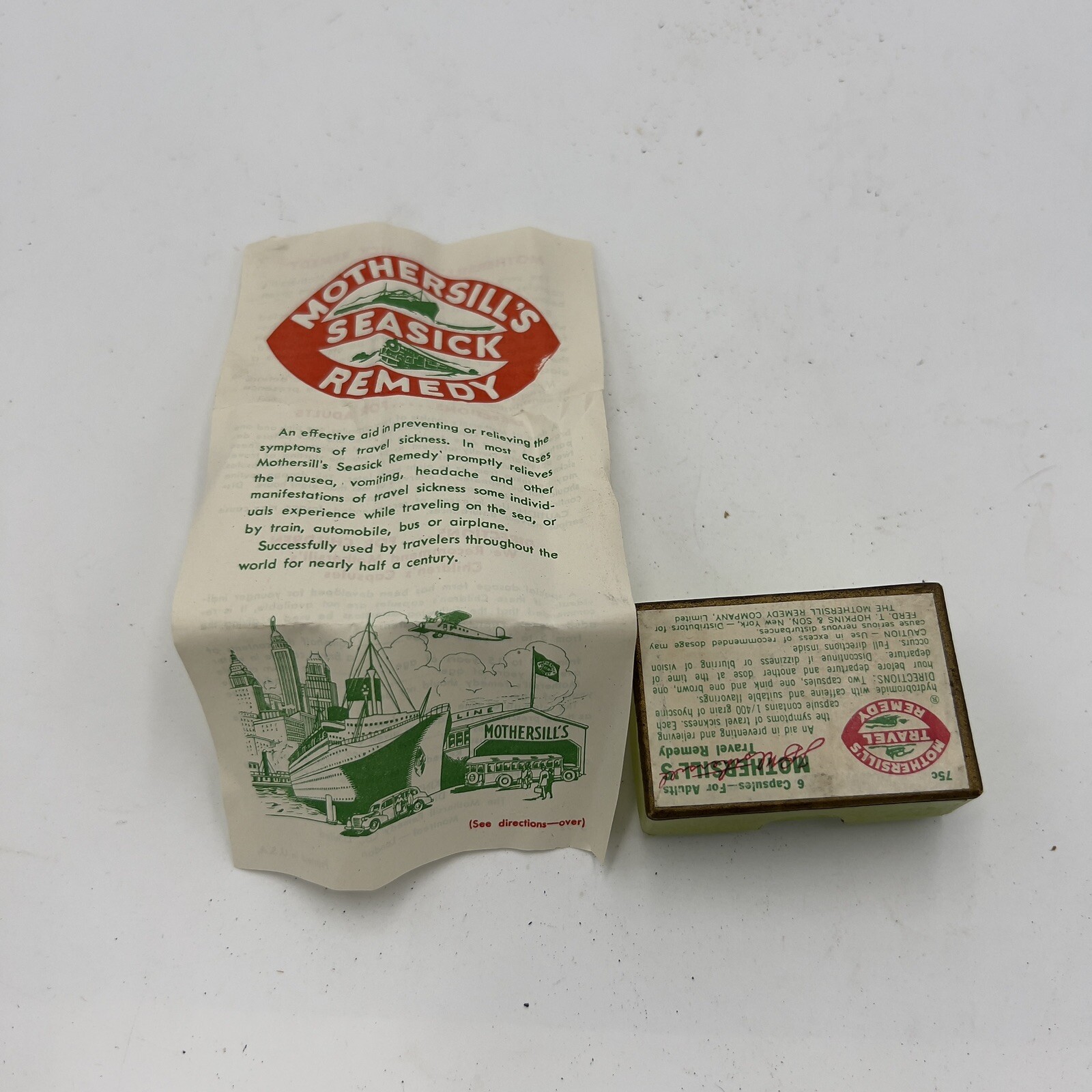 Vintage MOTHERSILL’S Seasick Remedy for adults Medicine box 1930’s