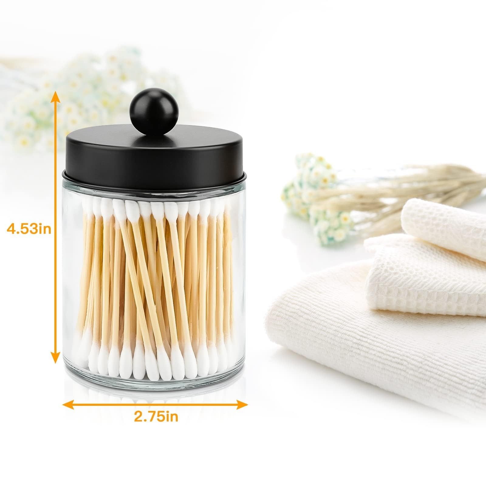 2 Pack Glass Apothecary Jars with Lids for Bathroom, Cute Qtip Holder, Black …