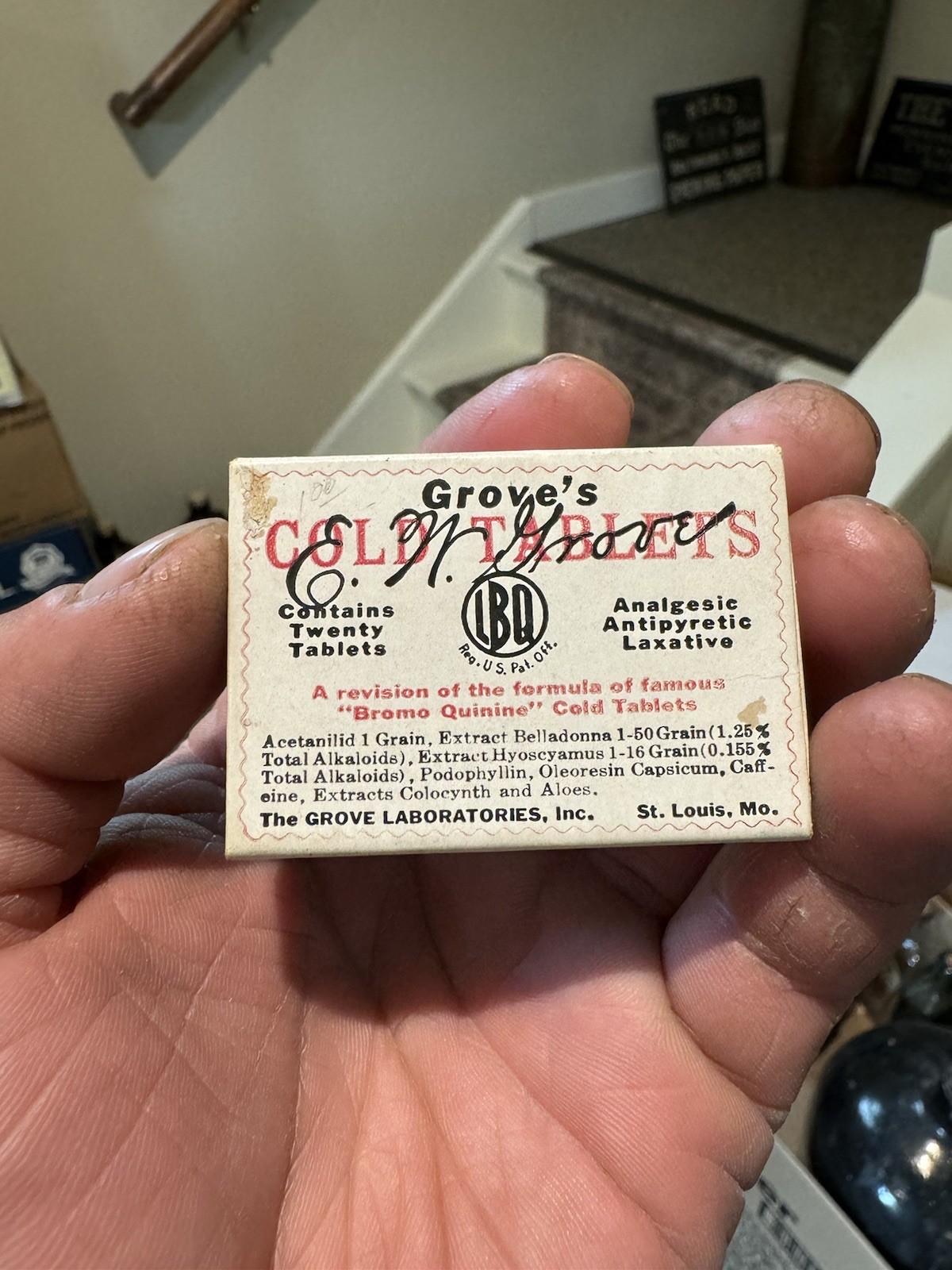 Grove’s Bromo Quinine Cold Tablets St Louis MO Small Size Sealed Medicine Box