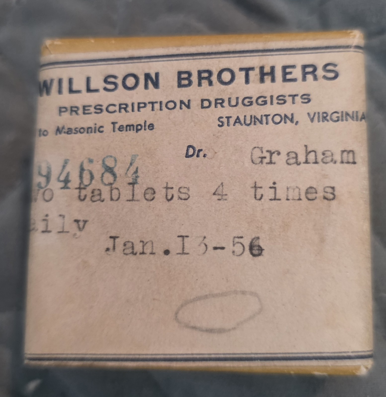 Vintage Prescription Box Willson Brothers Pharmacy Staunton, VA Dr. Graham 1956