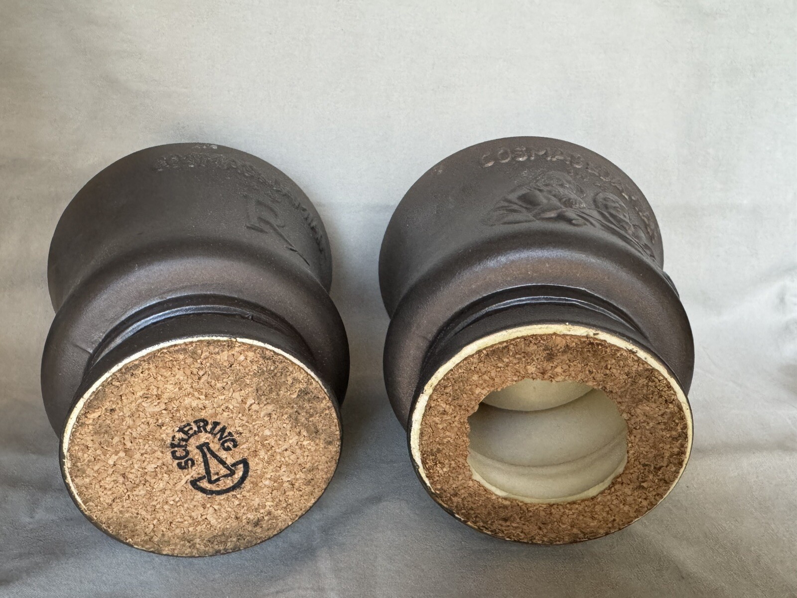 Pair- Schering 1966 Coricidin Cosmas & Damian Ceramic Mortar & Pestles 5″ tall