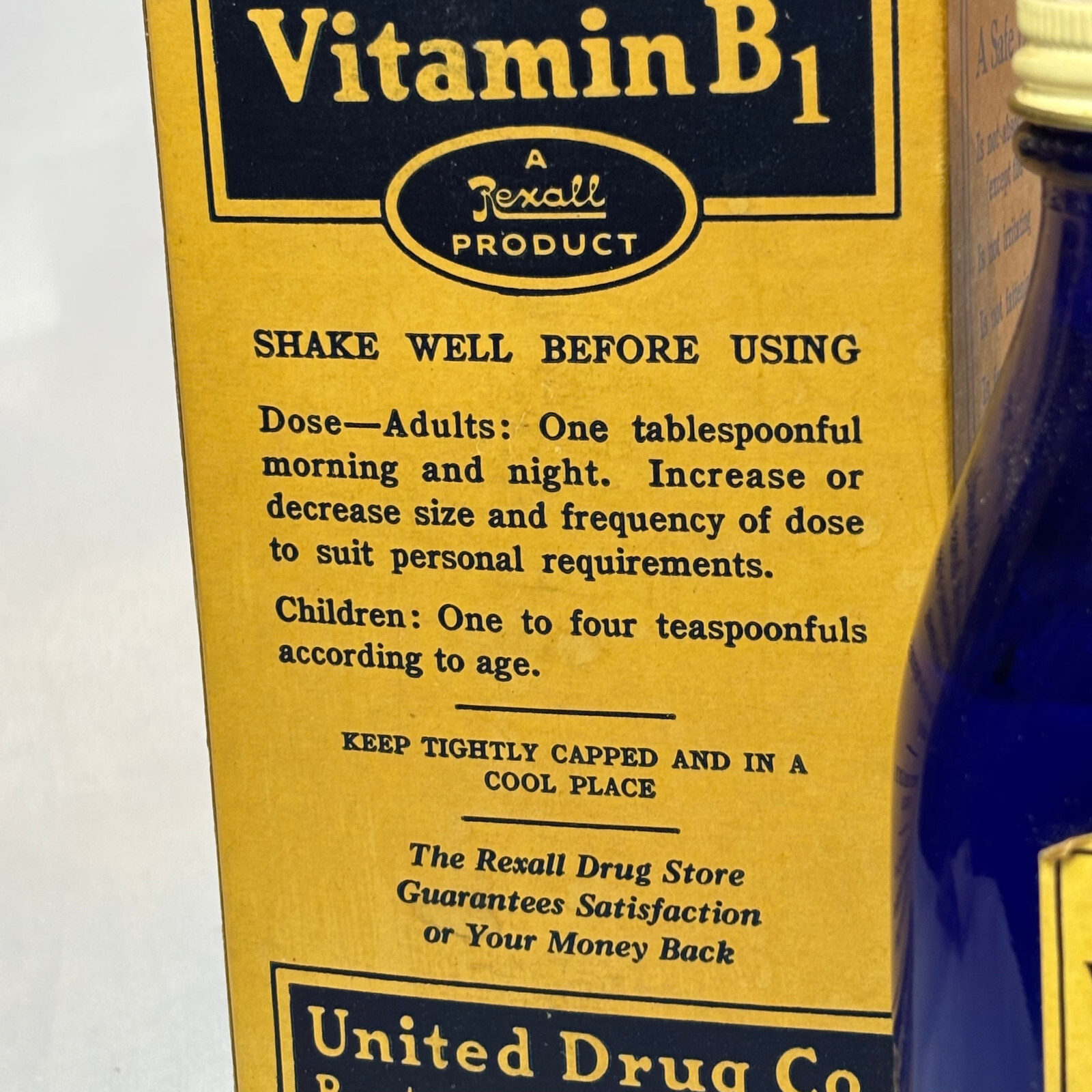 Vtg Agarex W/ Vitamin B1 16oz Cobalt Blue Bottle In Box Rexall Drug Stores