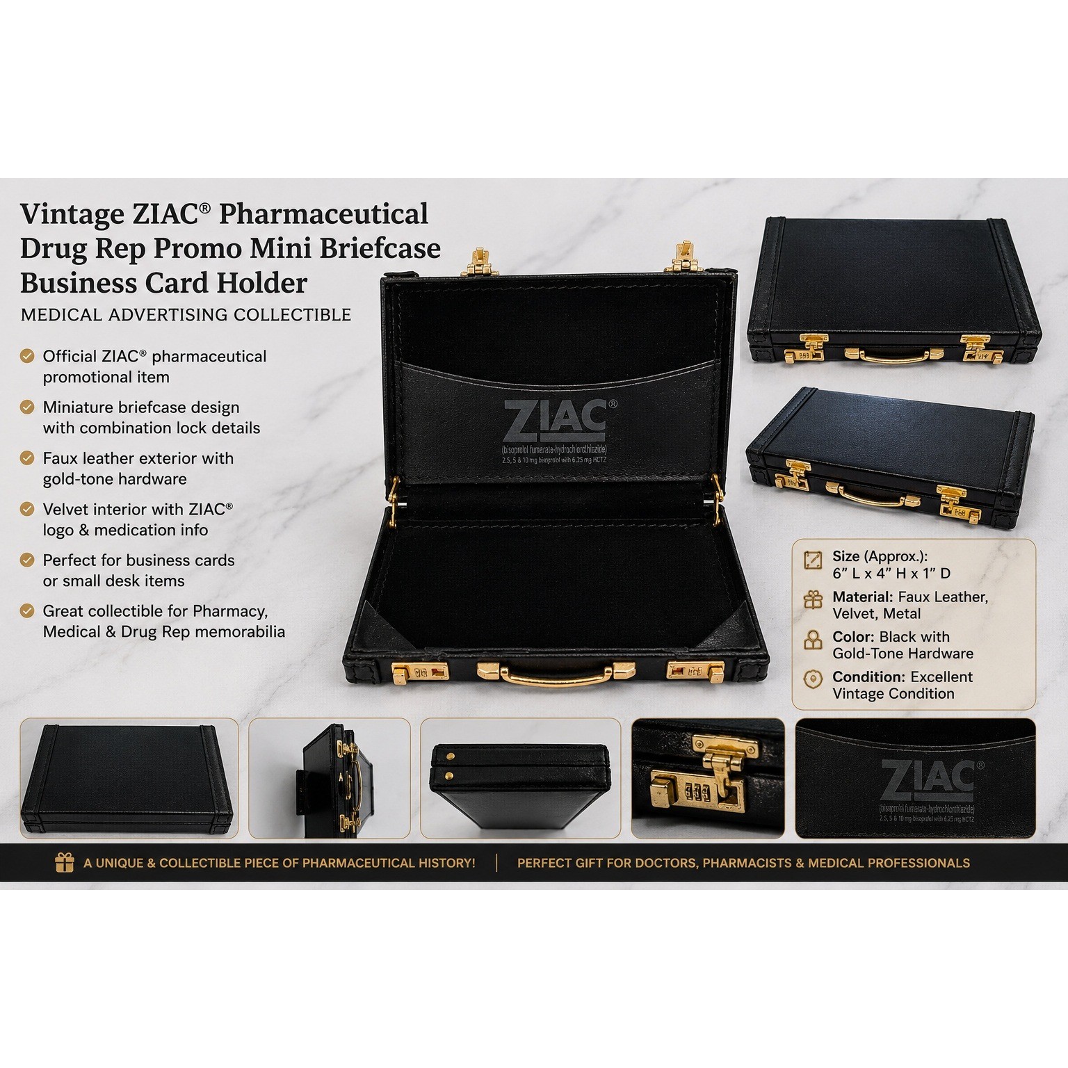 Vintage ZIAC Pharma Rep Miniature Briefcase Business Card Holder Black Gold Case