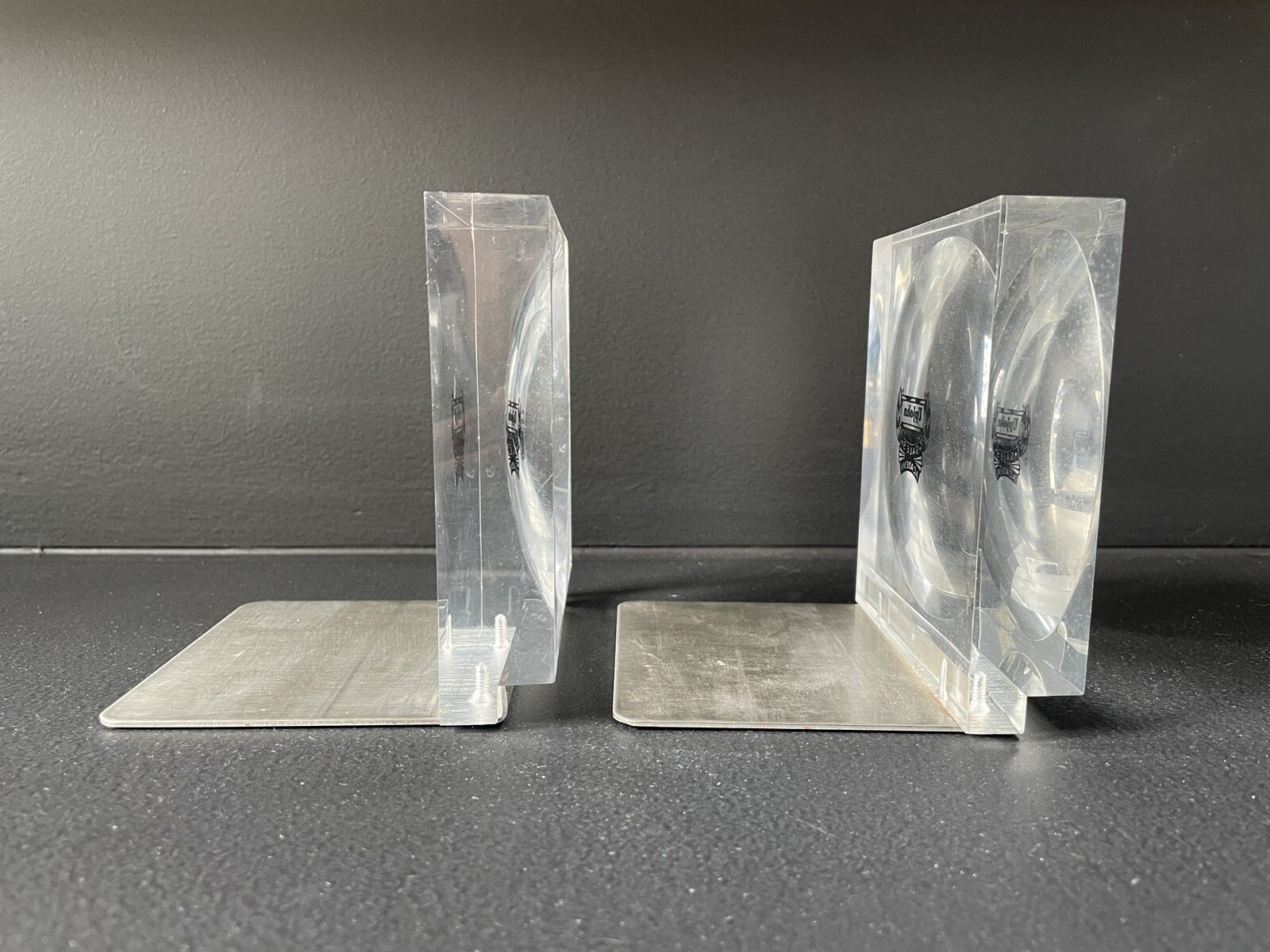 Vintage Upjohn Pharmaceutical Company Lucite Block Bookends Advertising Branding