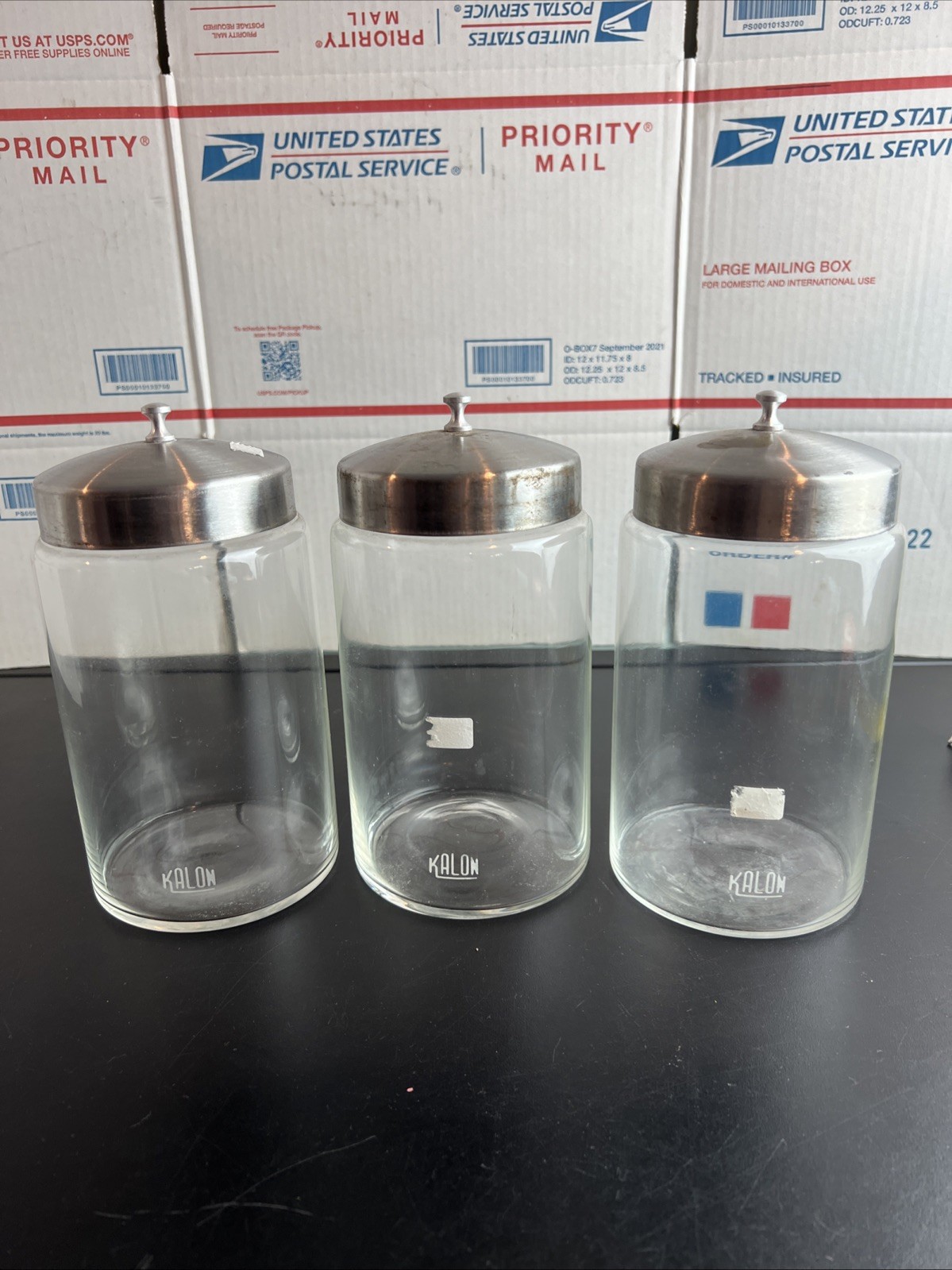 Lot of 3 Vintage Kalon Medical Apothecary Jars w/Metal Lids 7.5″ Tall