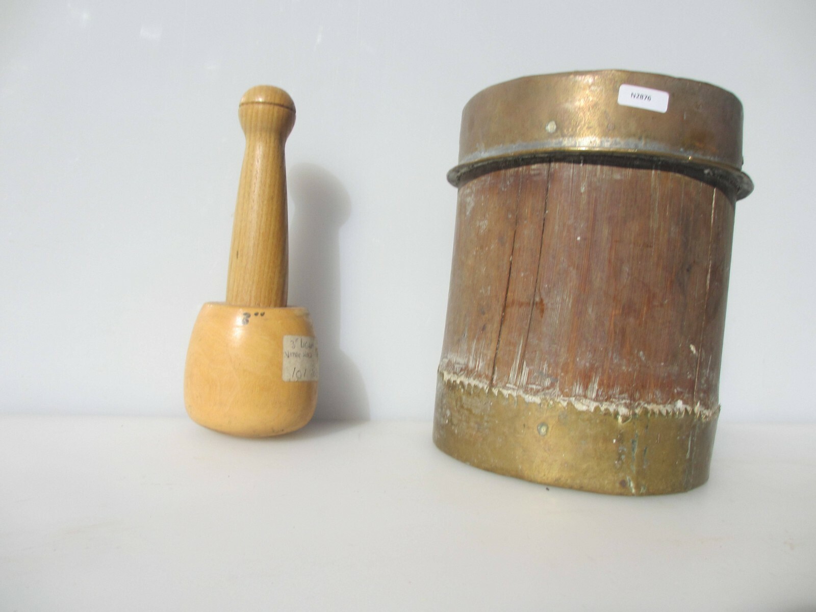 Antique Wooden Mortar and Pestle Barrel Brass Strap Vintage Old Wood French
