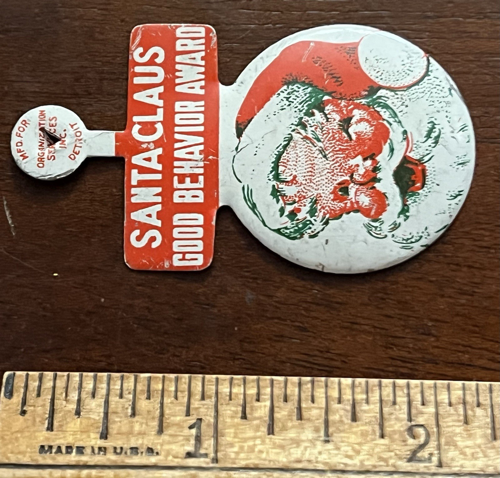 Santa Claus Good Behavior Award, fold tab Button, smiling Santa 2.25 in