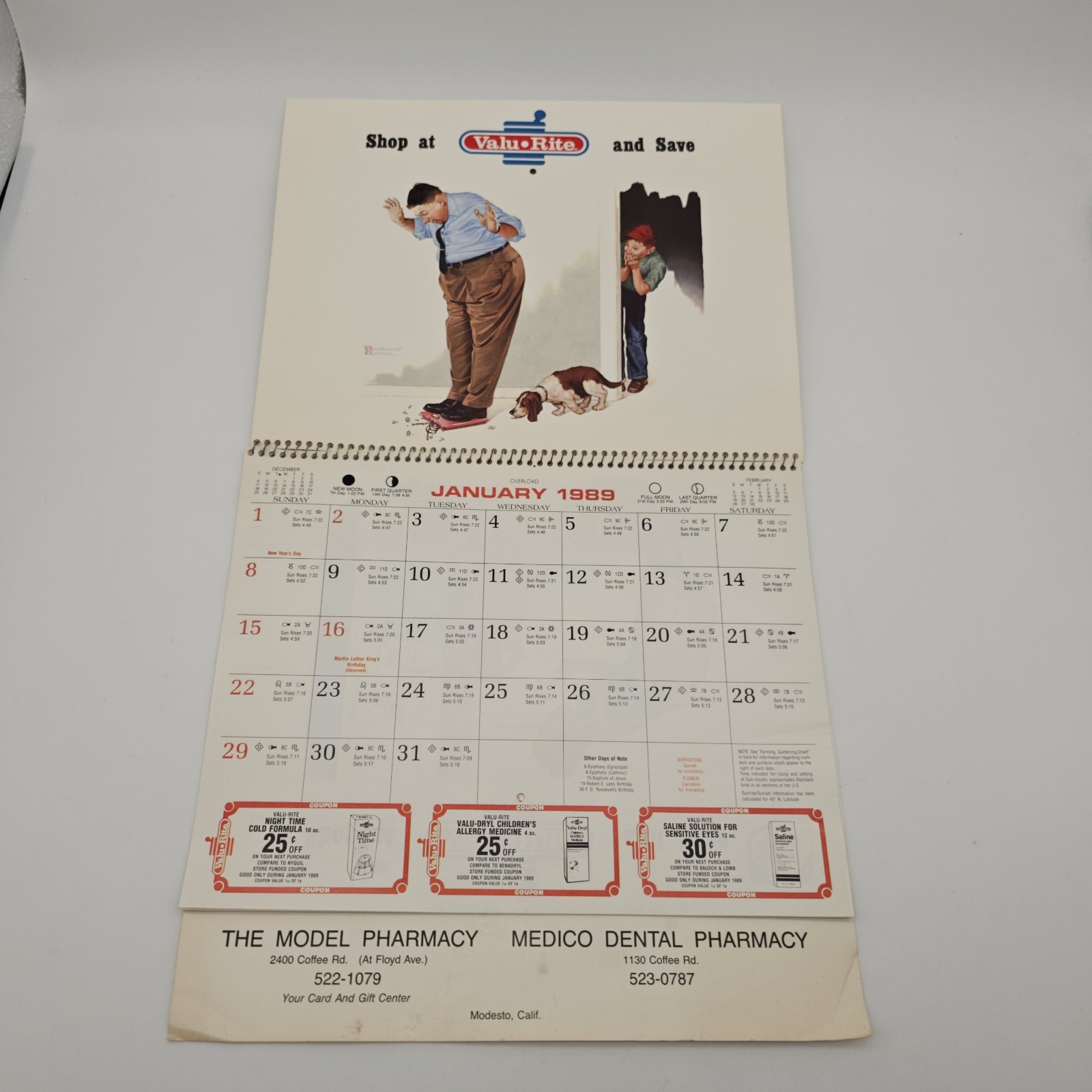VTG 1989 Valu•Rite Calendar MODESTO, CA The Model Pharmacy Medico Dental COUPONS
