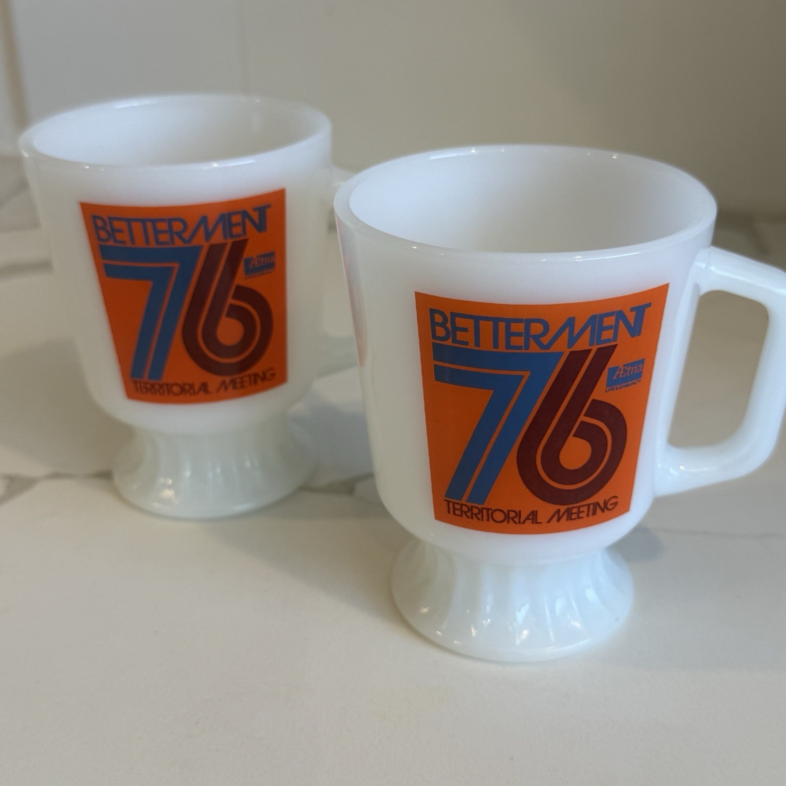 2 Vintage Fire King Anchor Hocking Footed Milk Glass Cup Mug Aetna Betterment 76