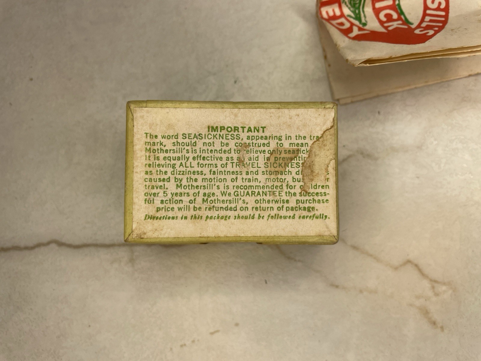Vintage MOTHERSILL’S Seasick Remedy Medicine Box And Pamphlet – empty