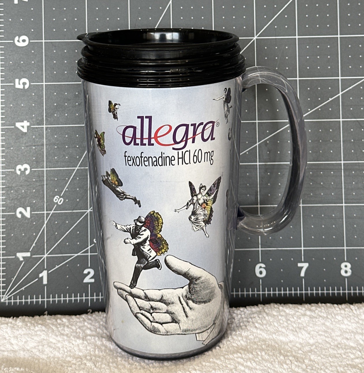 Allegra 16 Oz Travel Mug Fexofenadine Artsy Pharmaceutical Drug Rep Promo Cup