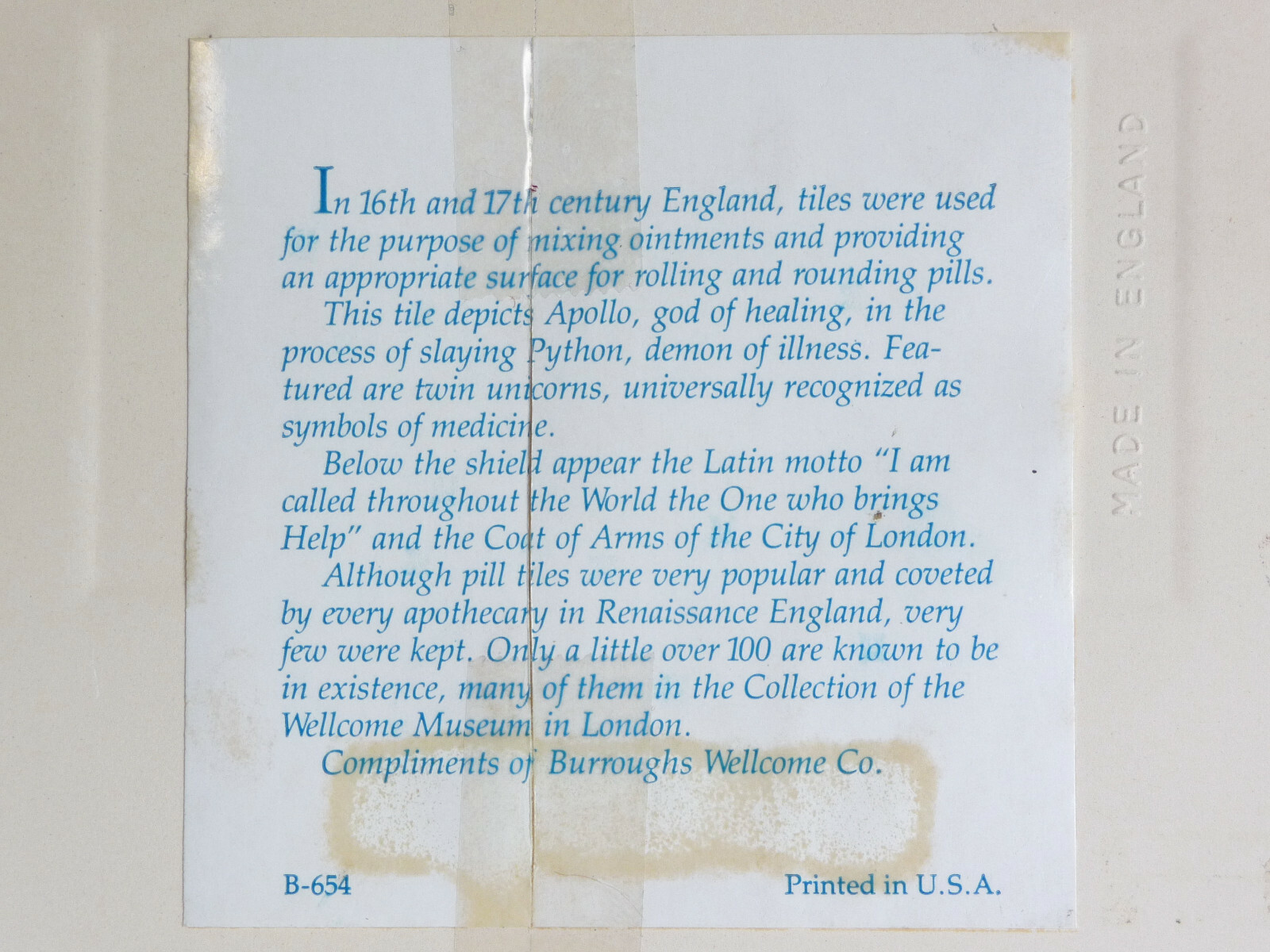 1980 BURROUGHS WELLCOME Pill Tile ENGLISH APOTHECARY’S CREST Delft Holland B-654