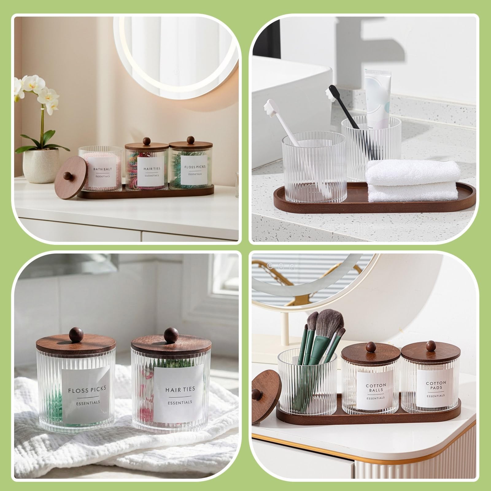Vesici 6 Pack Bathroom Canisters Ribbed Apothecary Jars with Bamboo Lids 2 Ba…