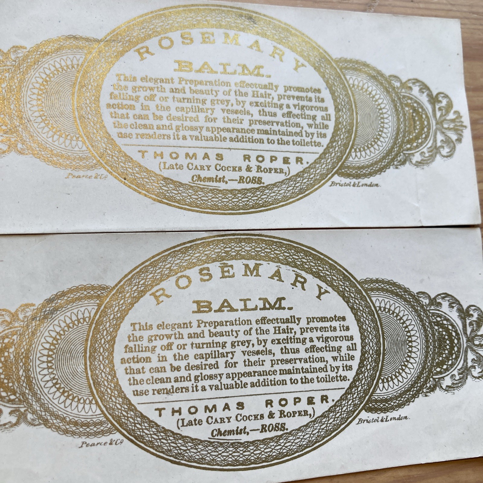 Early 20th c Chemist Paper Labels Rosemary Balm – Thomas Roper of Ross Unused x2