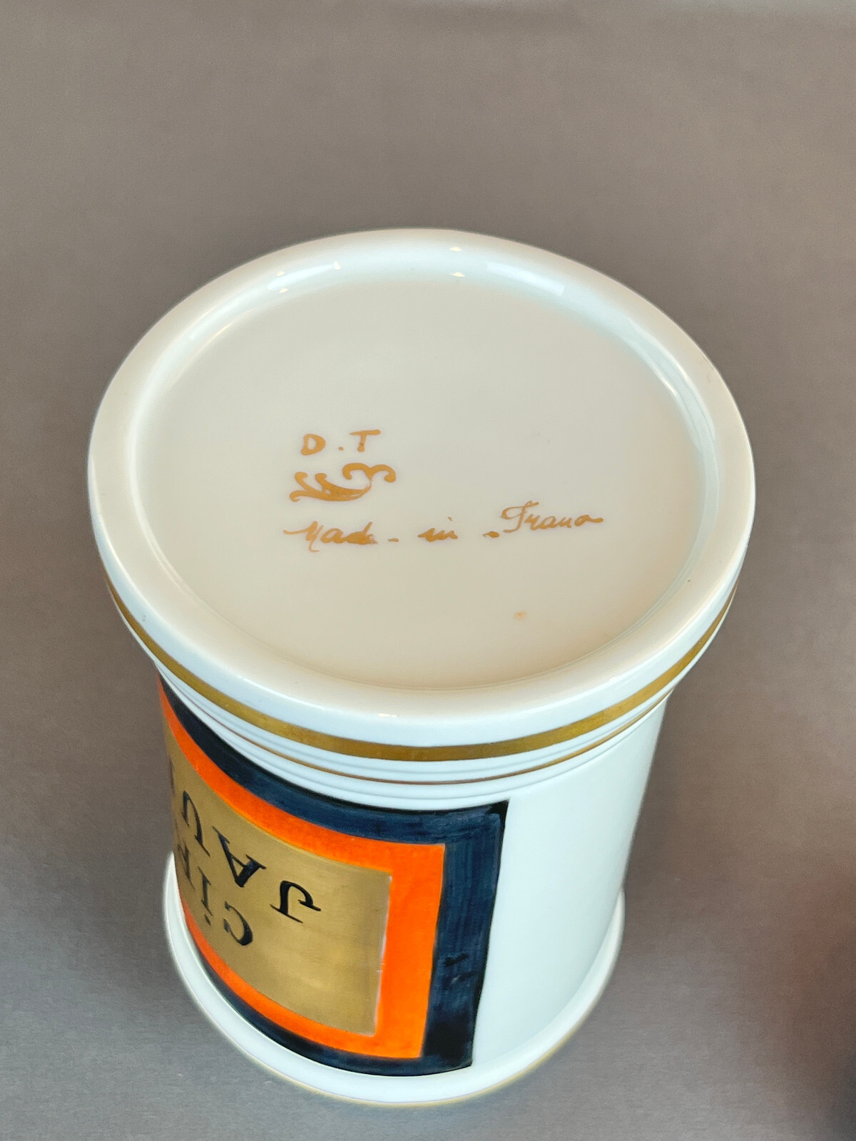 Vintage French Porcelain 7 ½” CIRE JAUNE (Yellow Wax) Apothecary Jar by D.T.