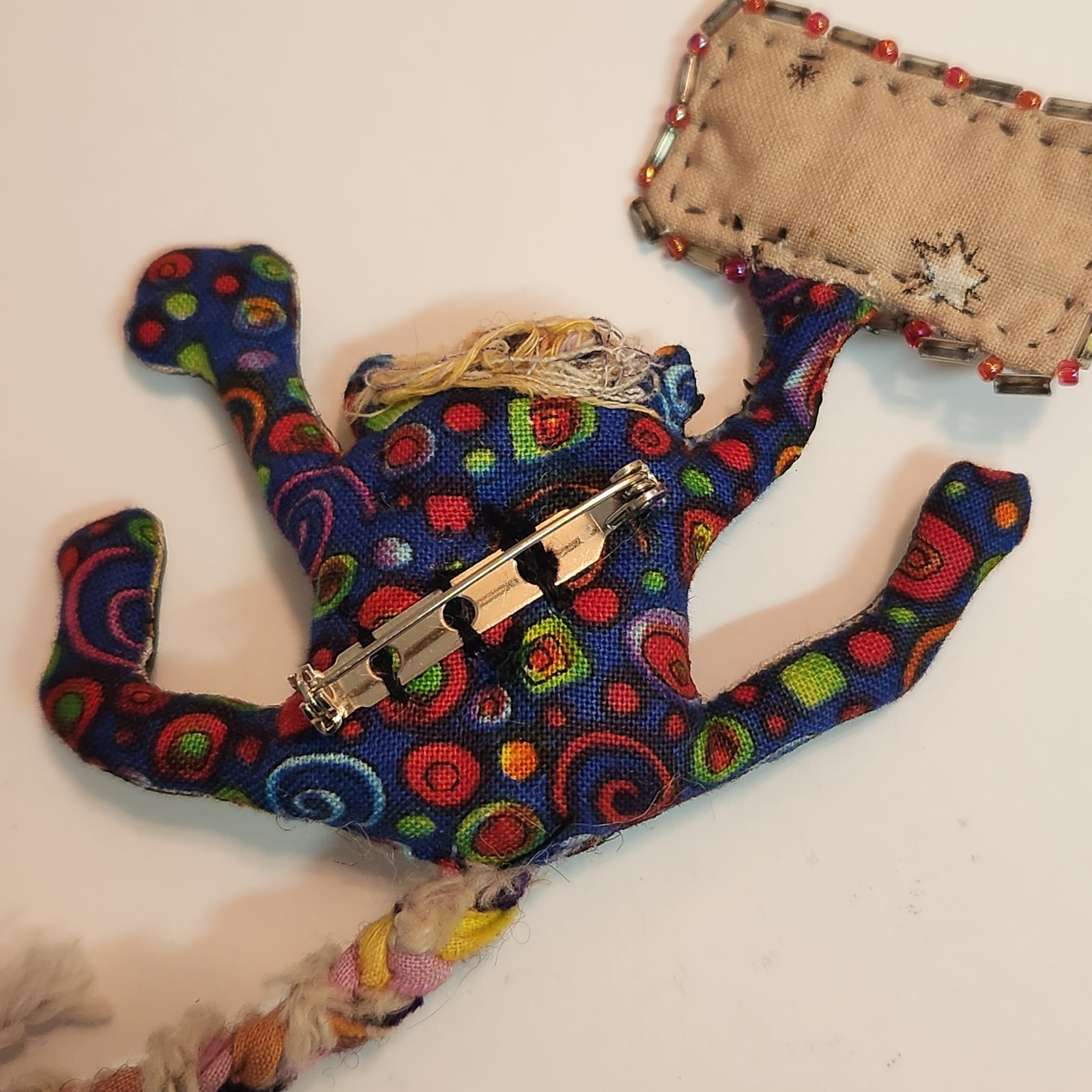 Vintage Hand Made ” Prozac Day ” Cloth Stuffed Goblin Monster Googley Eyes Pin