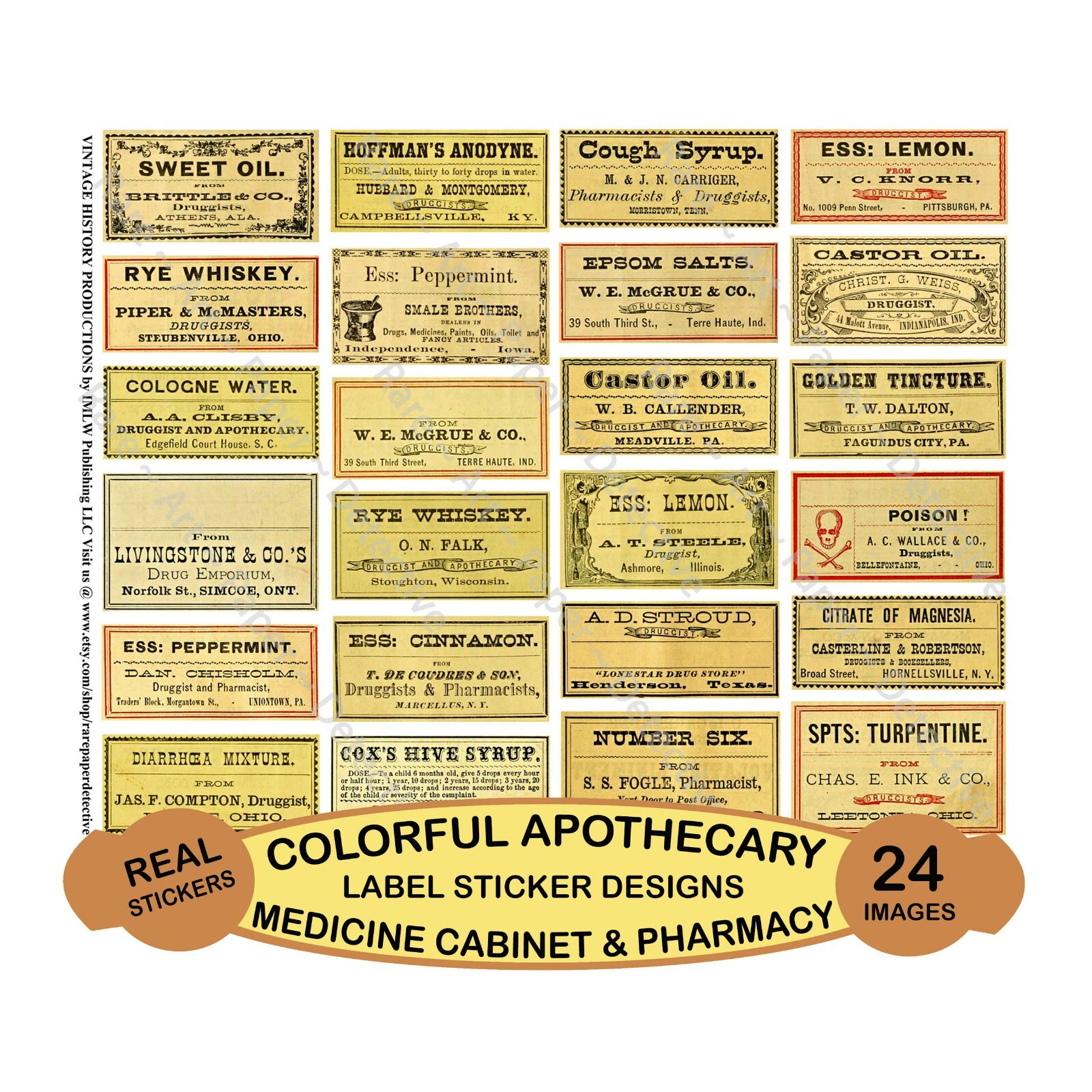 Vintage Apothecary Cabinet Label Stickers, Pharmacy Bottle, Cut & Peel Sheet 753