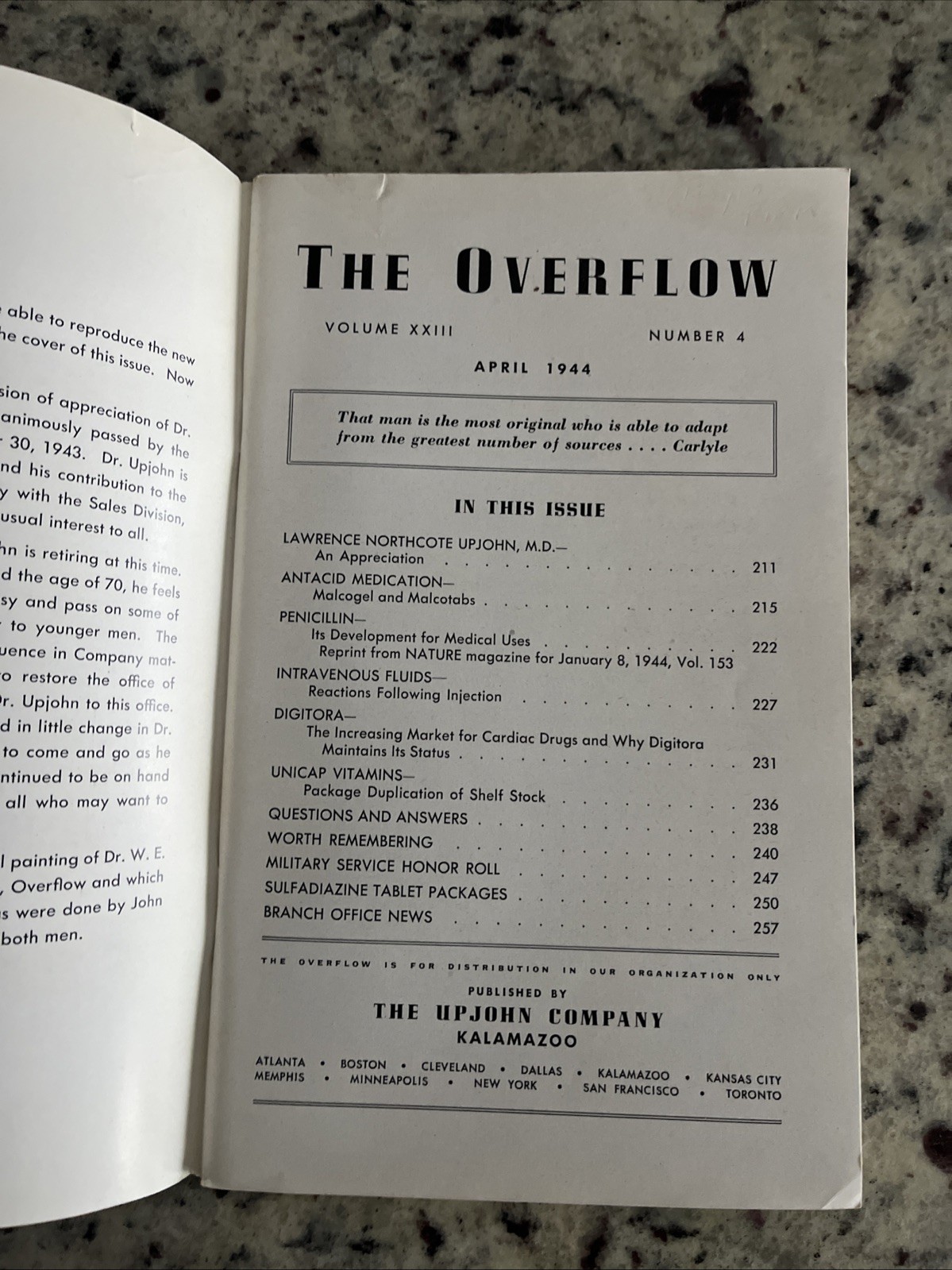 Vintage 1944 WWII Wound Tablets Upjohn Pharmaceuticals Employee Magazine Unicap