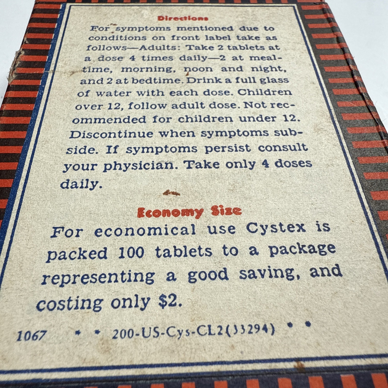 Vintage Cystex Pharmaceutical Pills Box Knox Co. CA $2 size 100 tablets – empty