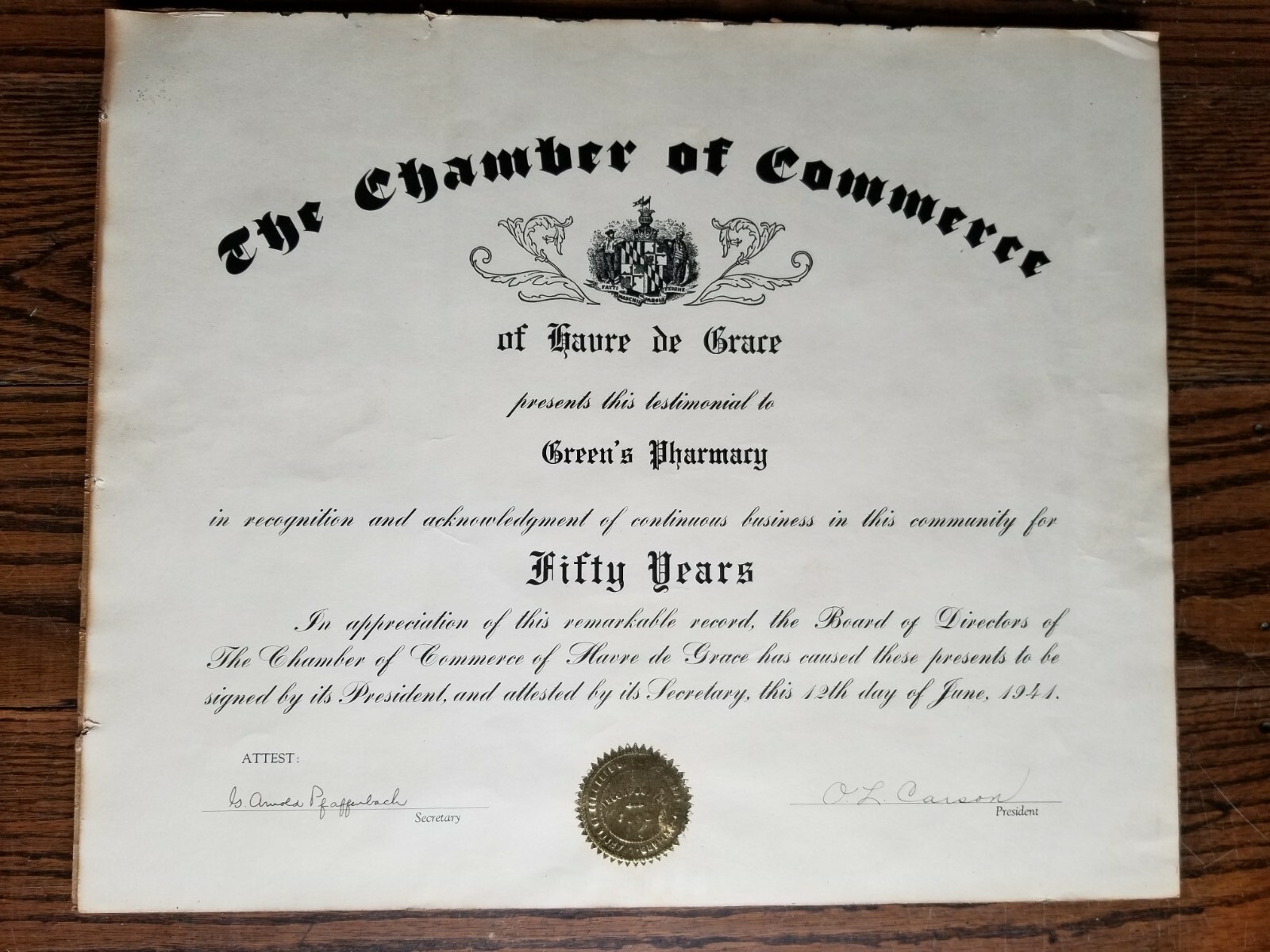 1941 GREEN’S PHARMACY Havre De Grace Maryland Chamber of Commerce 50 Year Award