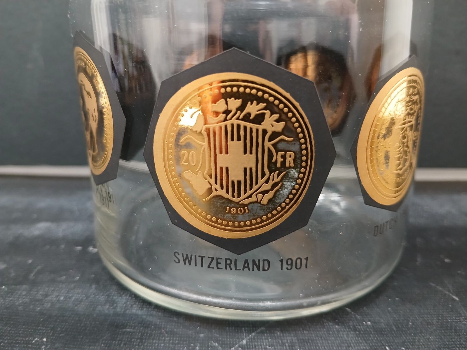 RARE Vintage Gold & Black Apothecary Jelly Bean Jar “Coins Around the World”