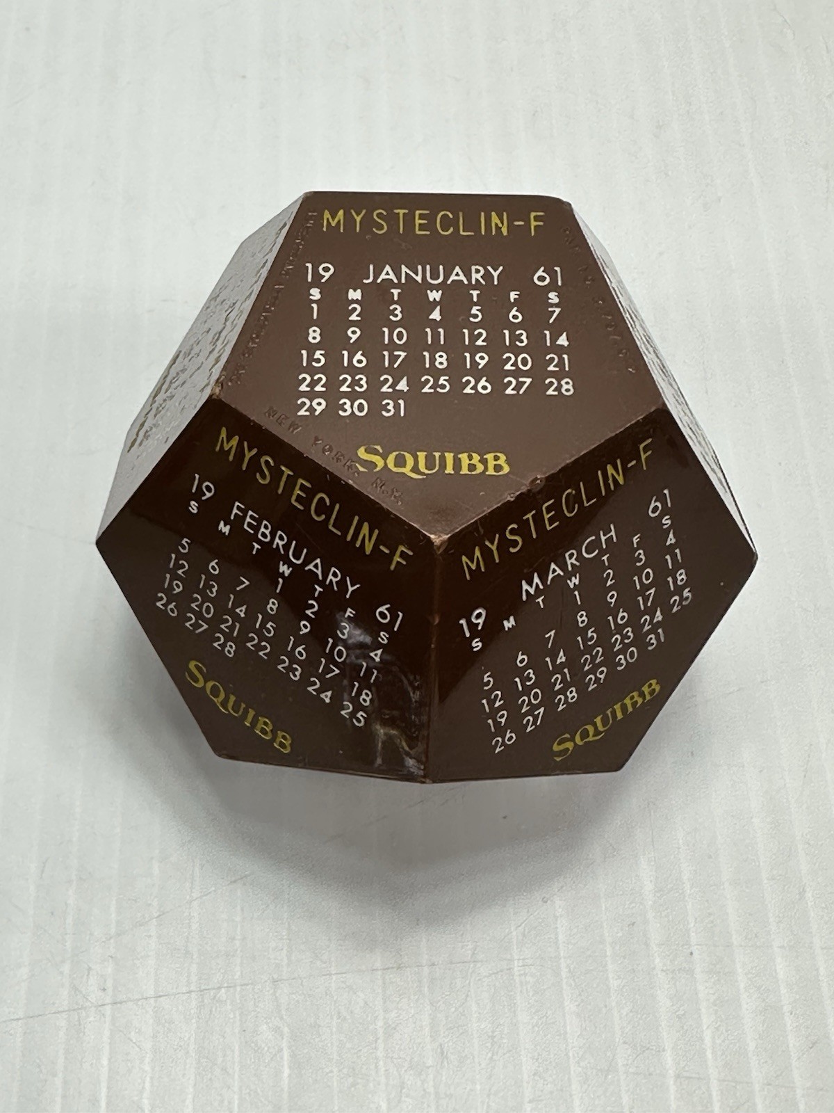 Vintage Advertising Squibb Mysteclin-F Medicine Paperweight Calendar 1961 Brown