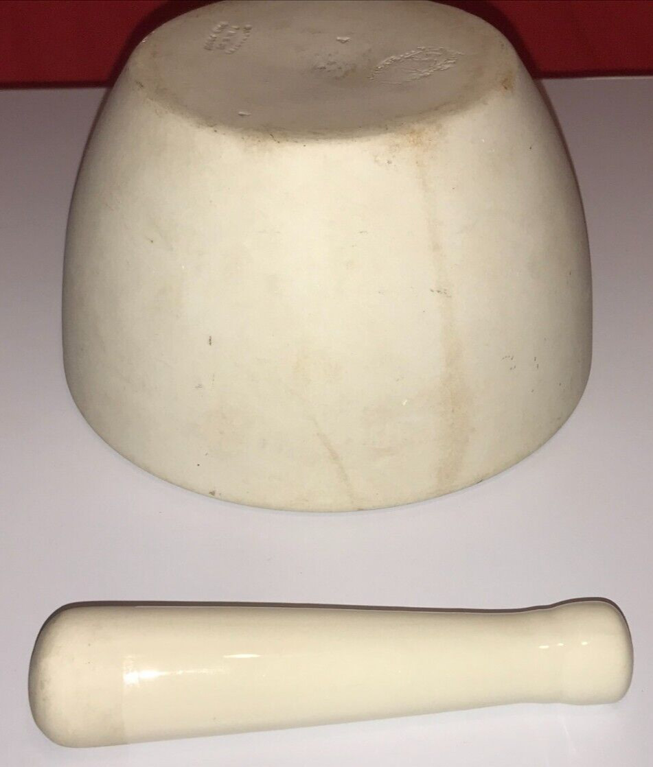 ANTIQUE PHARMACY MORTAR WITH PESTLE THOMAS MADDOCK & SONS T.M.S. ACID PROOF .