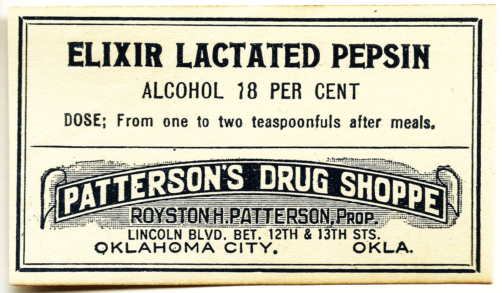 1 Antique Pharmacy Label ELIXIR LACTATED PEPSIN Patterson’s Drug Oklahoma City