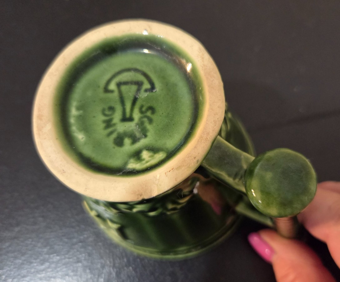 Vintage Coricidin Green Pottery Mug RX Galen Schering Pharmacy Cup Mortar Pestle