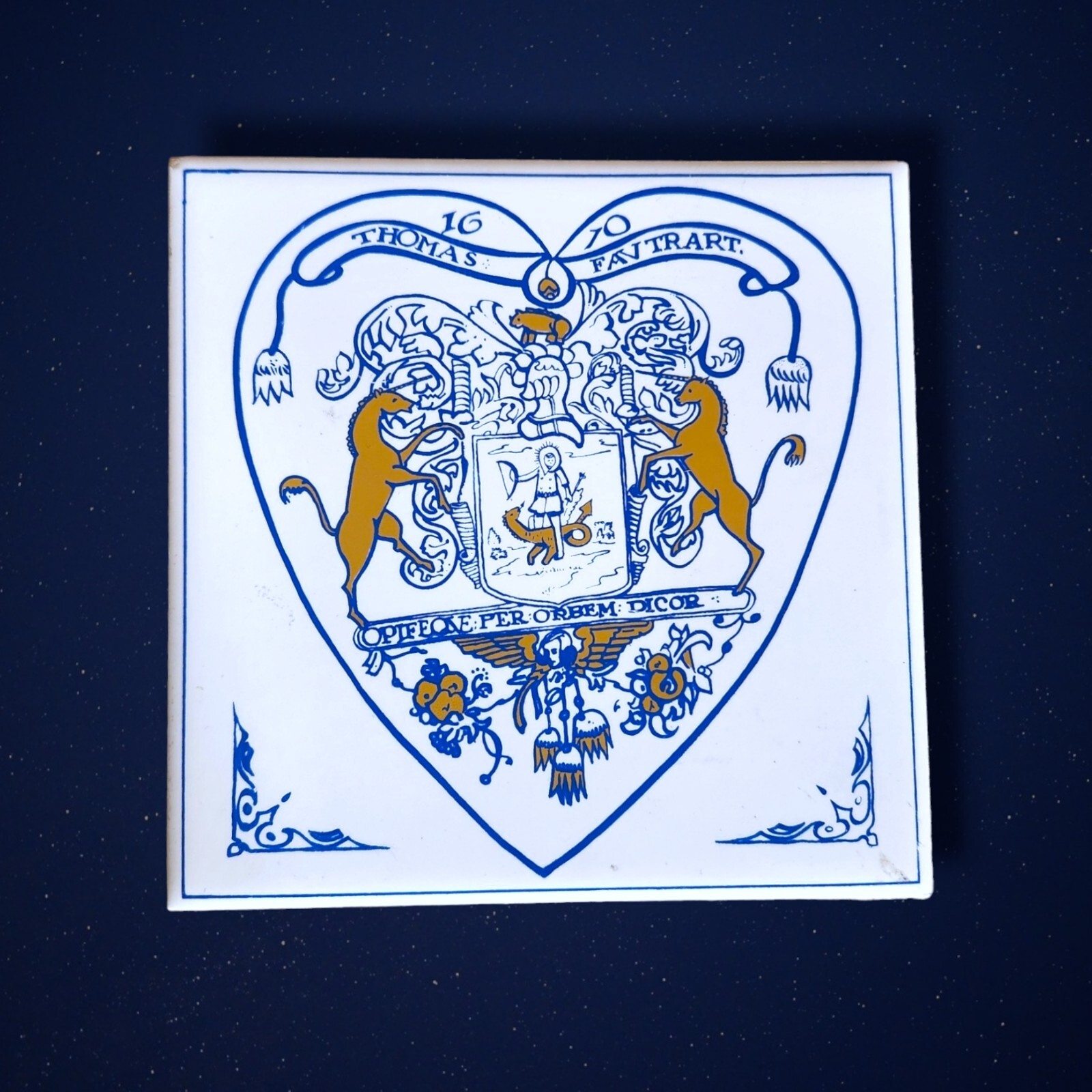 Lot of 2 Pharmacy Comm Tiles Delft Holland 1670 Thomas Favtrart Coat-of-Arms 6″
