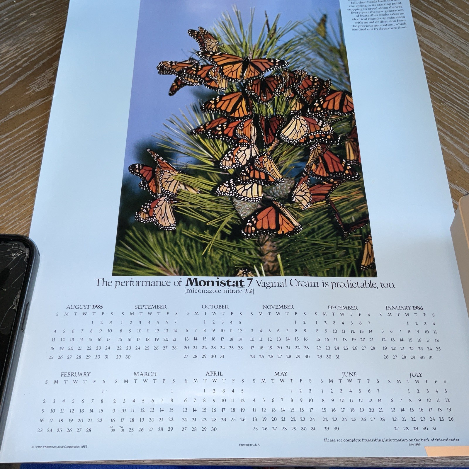 1985 Monistat 7 Vaginal Cream Calendar Ortho Pharmaceutical Co. New W/Box 12×18