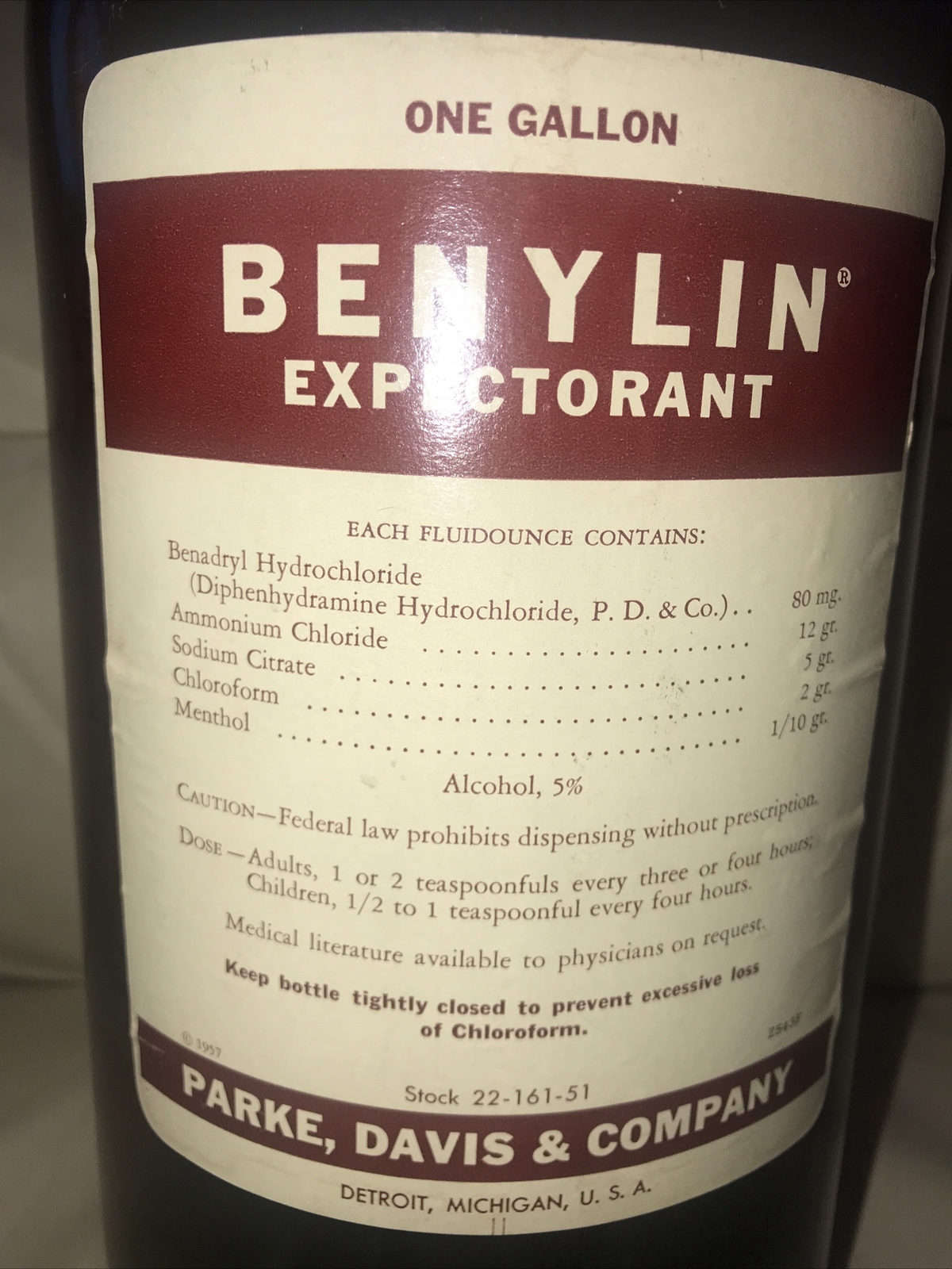 Benylin Expectorant 14” Bottle, One gallon Vintage Parke-Davis Empty
