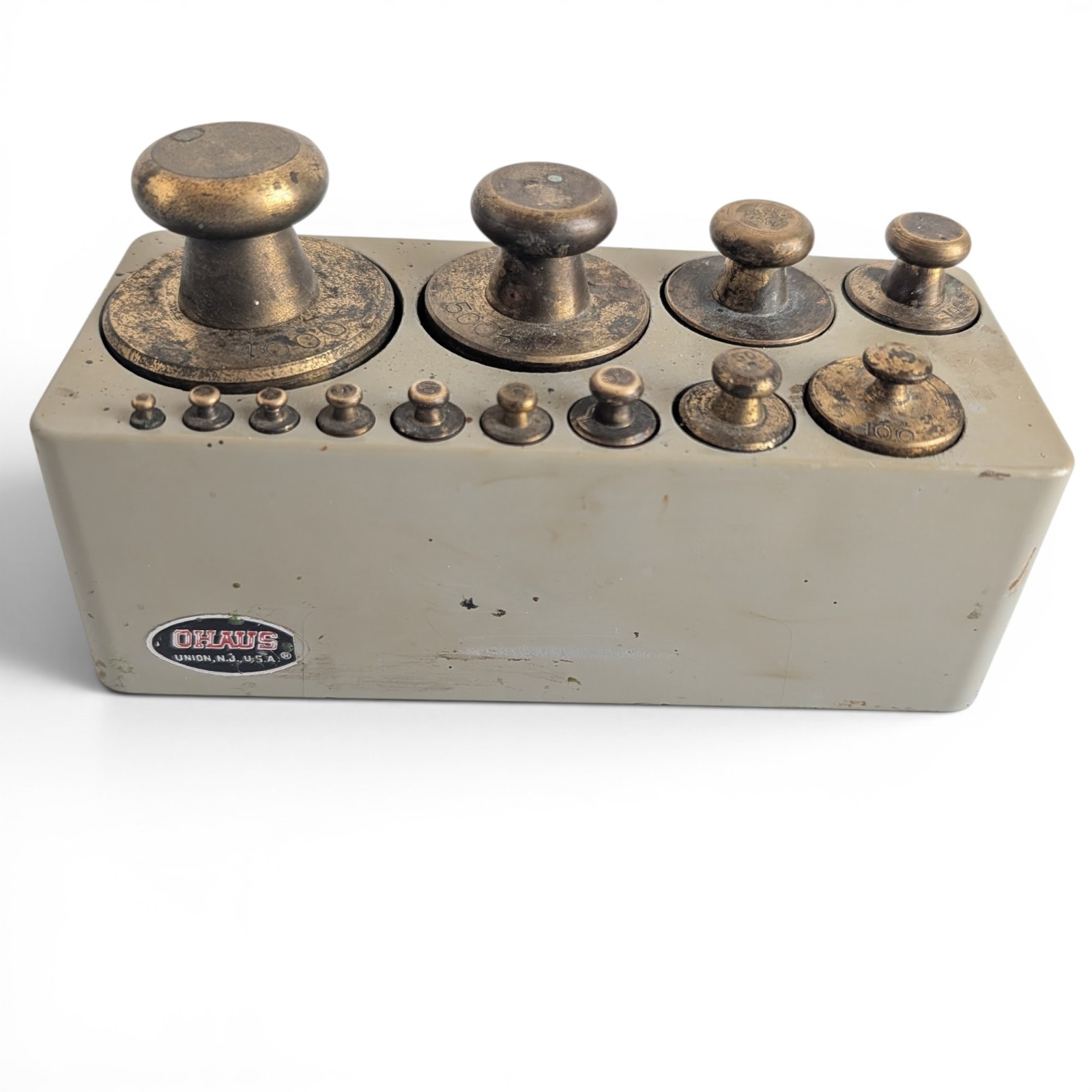Vintage Ohaus Brass Calibration Weights Set – 13 Pieces with Original Holder