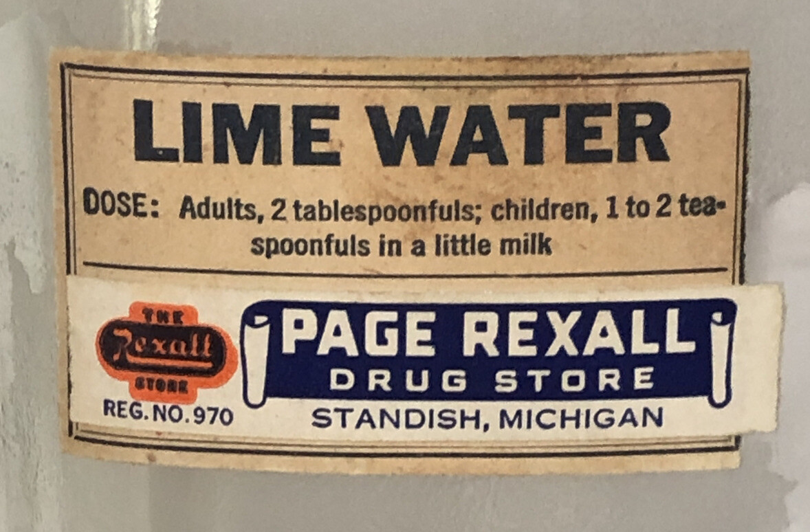 Vintage CLEAR GLASS Apothecary RX Medical Pharmacy Jar Bottle Rexall Lime Water